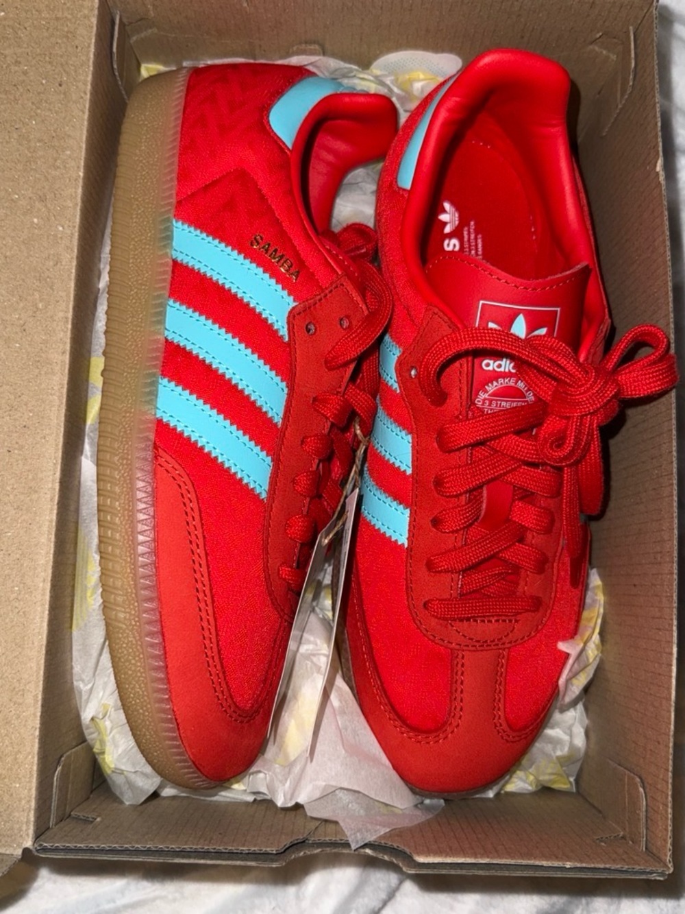 adidas Samba OG Women’s Sneakers in Red with Light Blue Stripes NWT